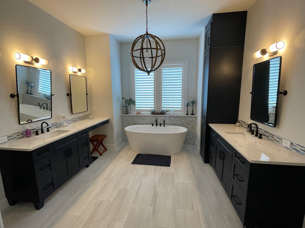 Design ideas for a beach style bathroom in Other with shaker cabinets, blue cabinets, a freestanding bath, a walk-in shower, glass tiles, brown walls, porcelain flooring, a submerged sink, grey floors, white worktops, double sinks and a built in vanity unit.