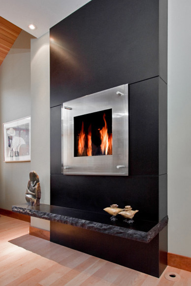 Black Granite Monolithic Fireplace Modern Living Room