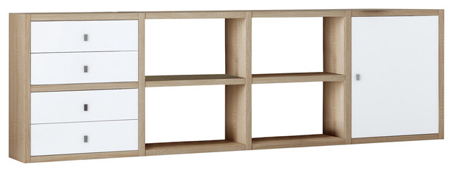Torero Modular Sideboard With Four Drawers and Cupboard, White and Oak