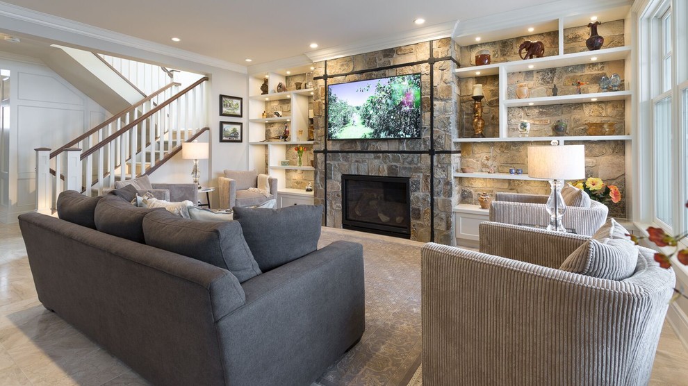 Photo of a mid-sized traditional open concept family room in Calgary with travertine floors, a standard fireplace, a stone fireplace surround and a wall-mounted tv.