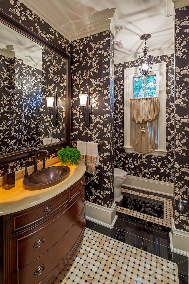 Design ideas for a traditional powder room in Toronto with a drop-in sink, dark wood cabinets and furniture-like cabinets.