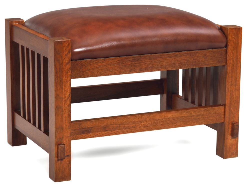 Mission Spindle Stool Quarter Sawn Oak and Leather 1515 Craftsman Vanity Stools And Benches