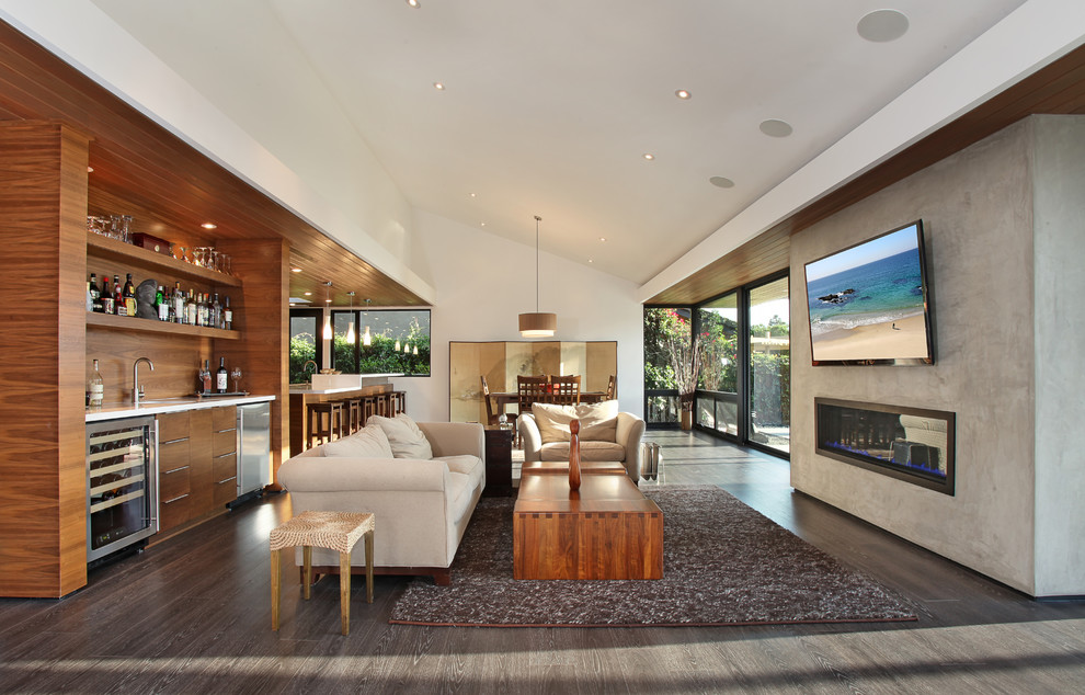 Contemporary open concept living room in Orange County with a ribbon fireplace, a concrete fireplace surround and a home bar.