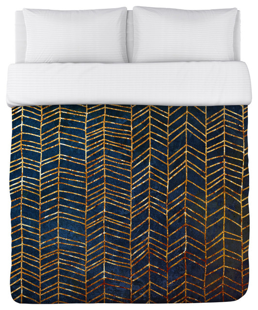 Isabella, Navy Gold Duvet Cover, Queen Contemporary Duvet Covers