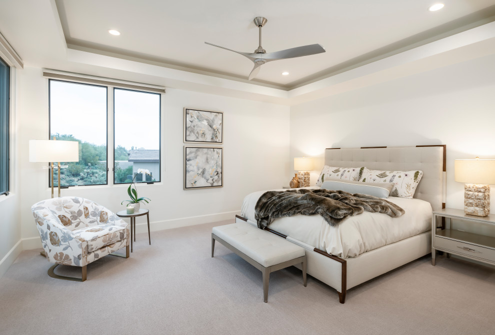 Design ideas for a transitional guest bedroom in Salt Lake City with white walls, carpet, no fireplace and beige floor.