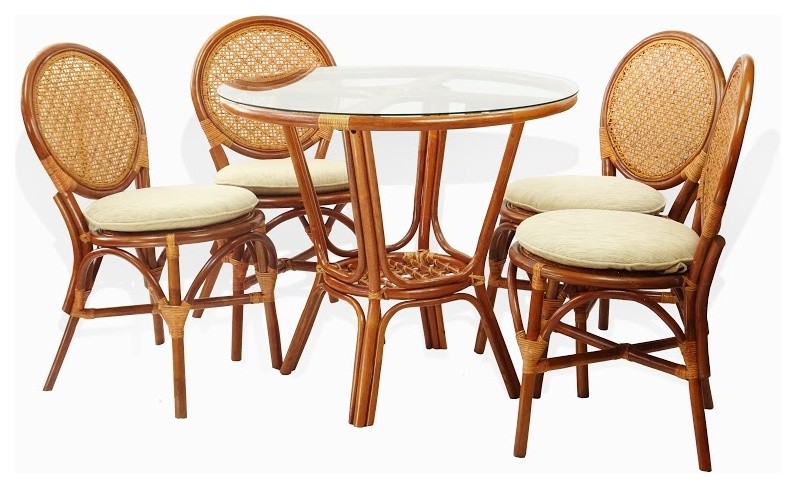 Denver Dining Rattan Side Chairs W Cream Cushions And Round Table 5 Piece Set