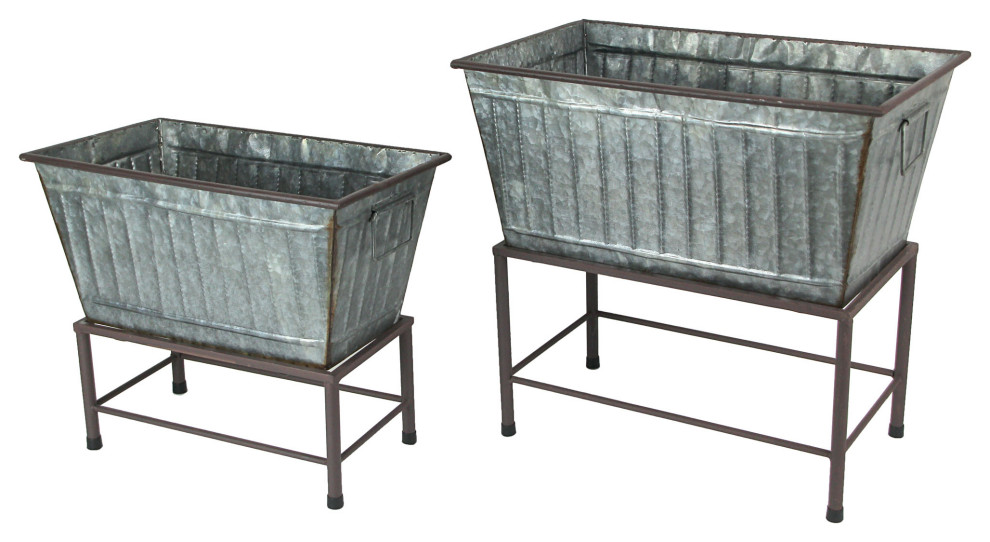 Set of 2 Galvanized Zinc Finish Metal Tub Planters On Stands Farmhouse Outdoor Pots And