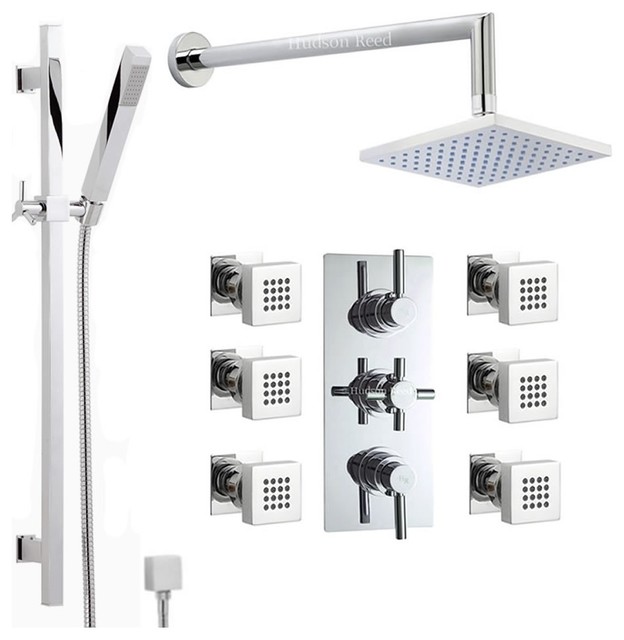 Chrome Thermostatic Shower System With Rain Head & Extended Arm ... - Chrome Thermostatic Shower System With Rain Head & Extended Arm Handset 6  Jets contemporary-tub