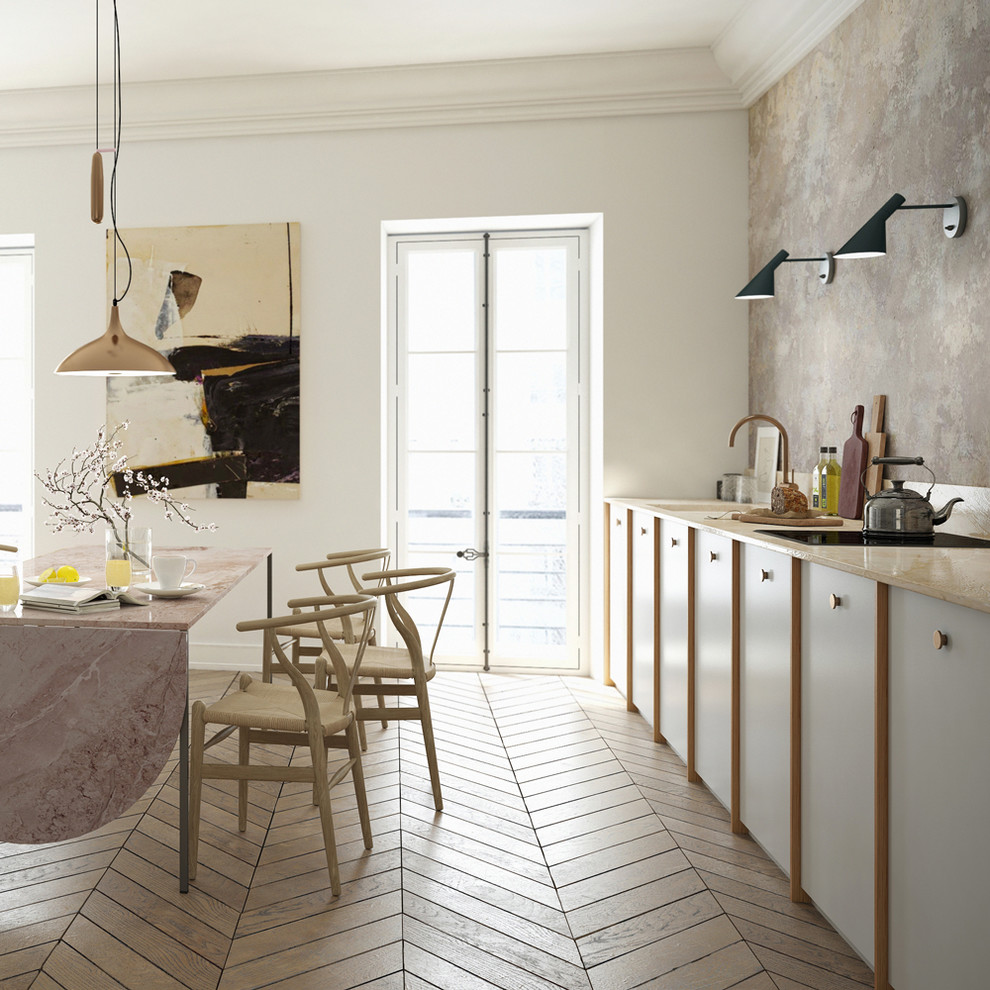 Design ideas for a scandinavian galley separate kitchen in Stockholm with an integrated sink, flat-panel cabinets, grey cabinets, quartz benchtops, multi-coloured splashback, panelled appliances and plywood floors.