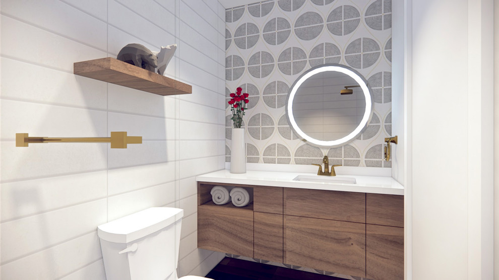 Photo of a mid-sized midcentury bathroom in Other with flat-panel cabinets, white cabinets, a drop-in tub, a one-piece toilet, white tile, wood-look tile, white walls, porcelain floors, an undermount sink, quartzite benchtops, black floor, white benchtops, a single vanity and a built-in vanity.