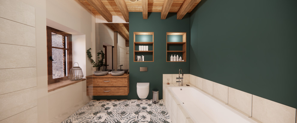 Aménagement d'une grande salle de bain éclectique en bois brun avec une baignoire encastrée, une douche à l'italienne, WC suspendus, un carrelage beige, des carreaux de céramique, un mur bleu, carreaux de ciment au sol, un lavabo posé, un sol blanc, un plan de toilette bleu, meuble double vasque et poutres apparentes.