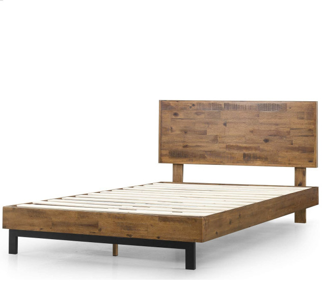 Traditional Full Platform Bed, Pinewood Frame With Rectangular