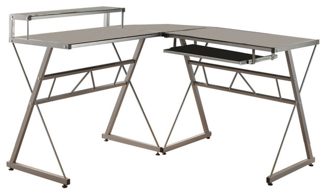 Workstation L Shaped Computer Desk Glass Top Metal Base Workstation L Shaped Computer Desk Glass Top Metal Base