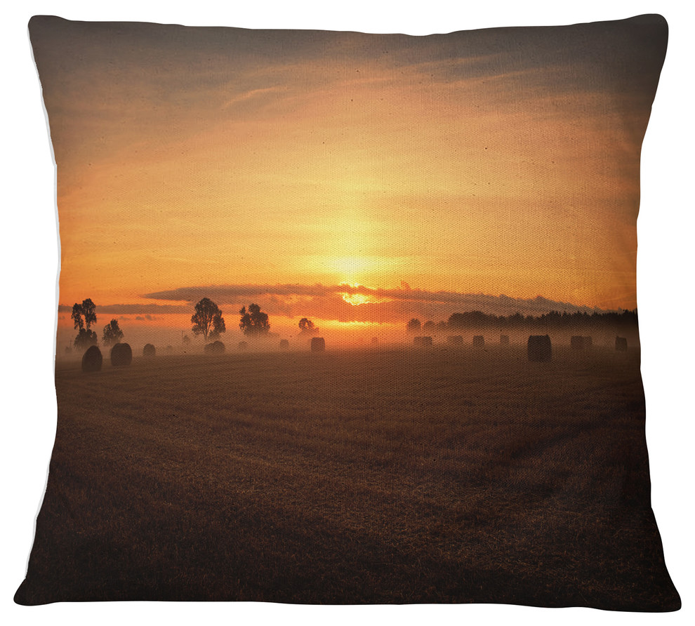 Sunrise at Farmland Bales Landscape Printed Throw Pillow, 18"x18"
