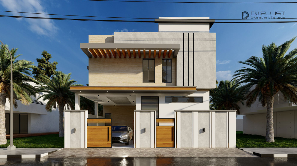Idéer för ett mellanstort modernt grått hus, med två våningar, platt tak och tak med takplattor