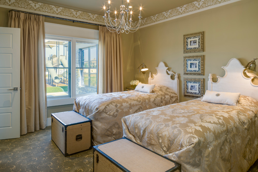 This is an example of a large contemporary bedroom in Austin with beige walls and carpet.