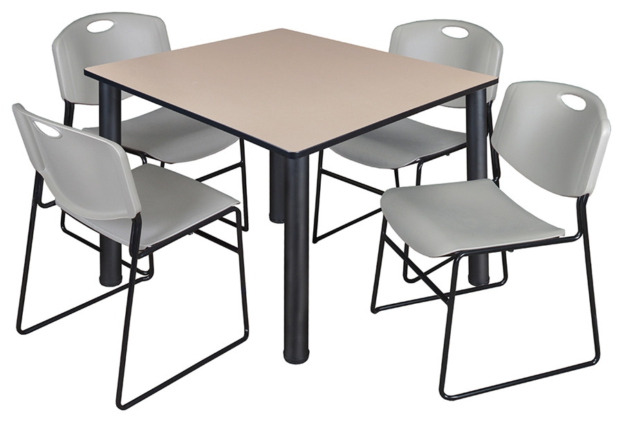 Kee 48" Square Breakroom Table- Beige/ Black and 4 Zeng Stack Chairs- Grey