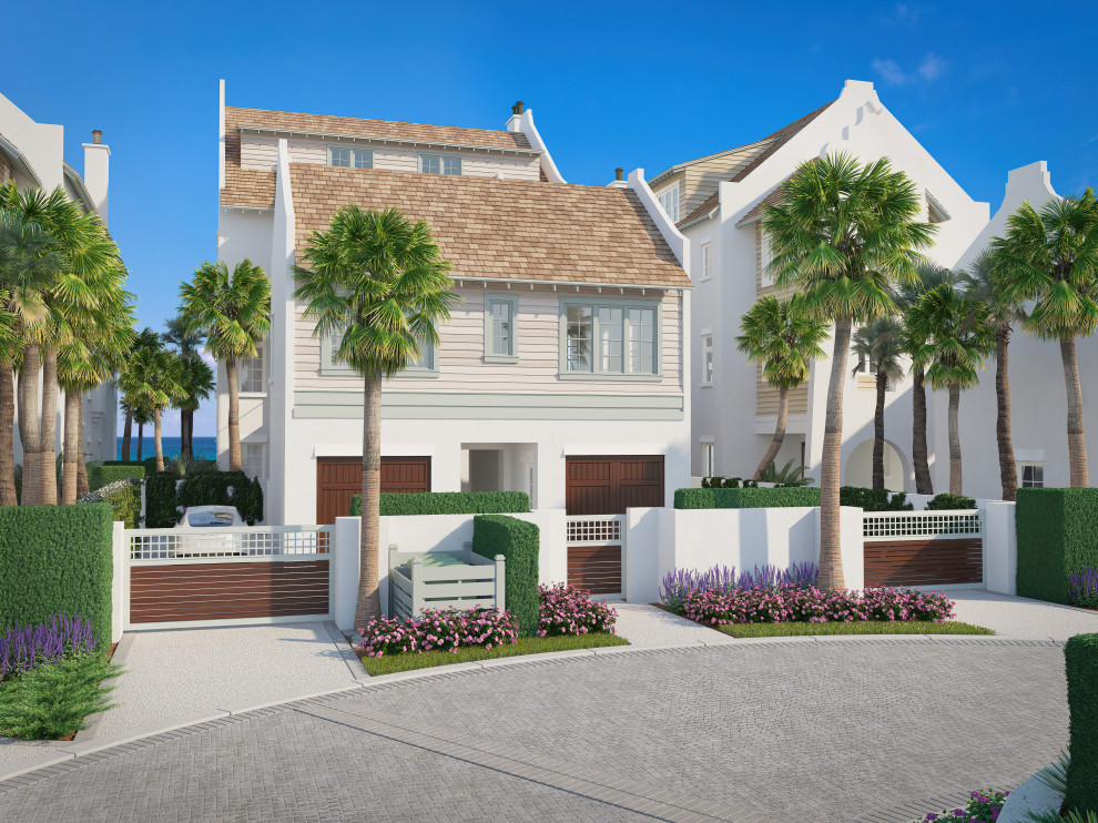 Стильный дизайн: большой, четырехэтажный, бежевый частный загородный дом в морском стиле с облицовкой из цементной штукатурки, крышей из гибкой черепицы и коричневой крышей - последний тренд