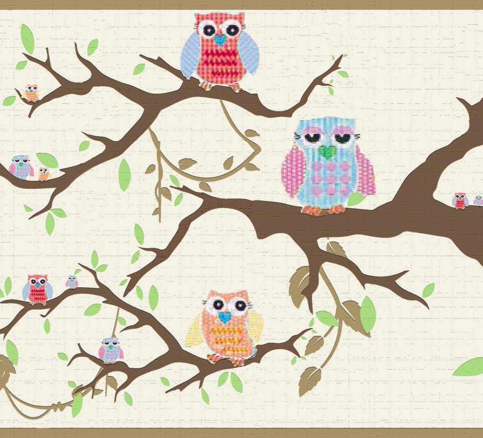 Owls on the Tree Peel and Stick Wallpaper Border 15'x7" Contemporary