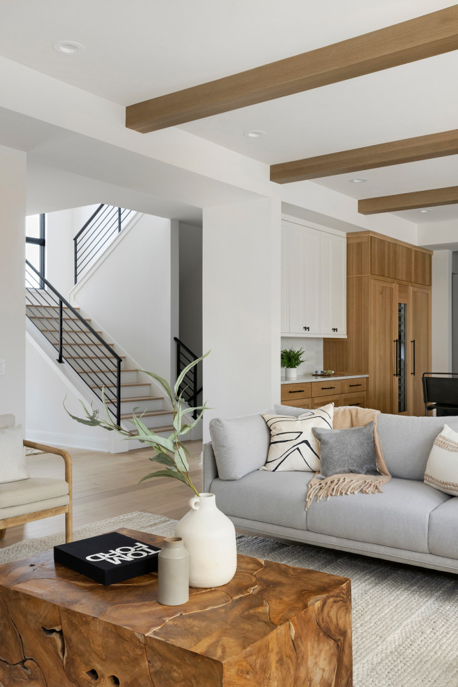 Immagine di un soggiorno minimalista aperto con pareti bianche, parquet chiaro, camino classico e soffitto a volta
