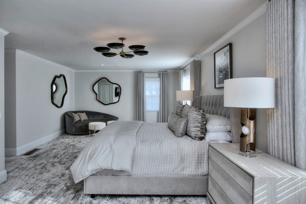 Design ideas for a large transitional guest bedroom in New York with grey walls, carpet and grey floor.