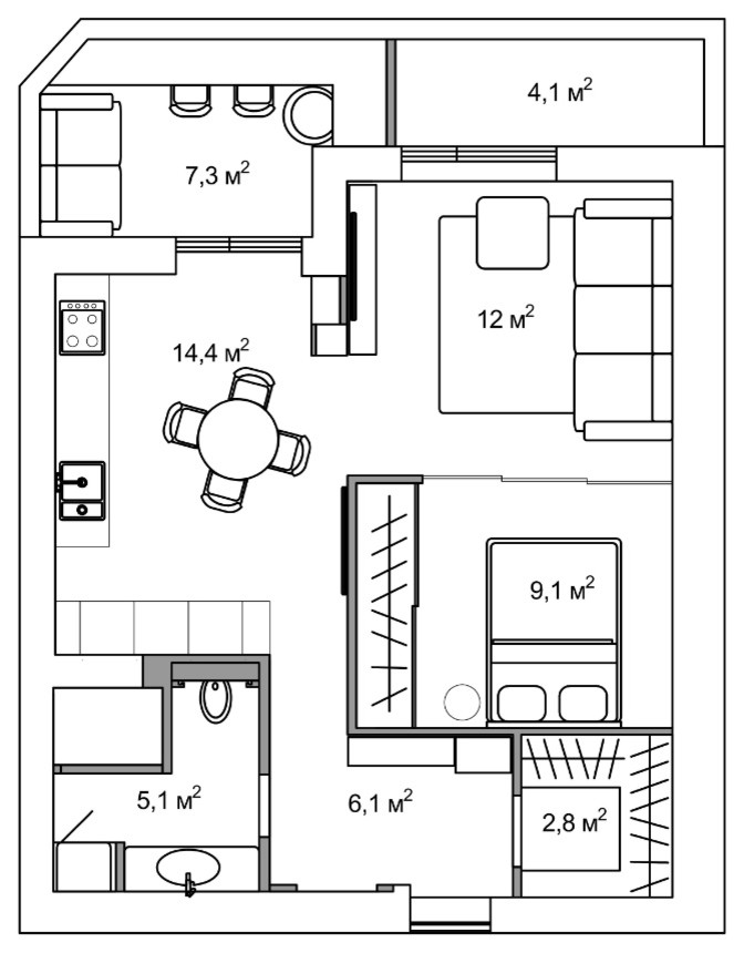 Дизайн интерьера: Небольшая кухня-гостиная 14 м кв