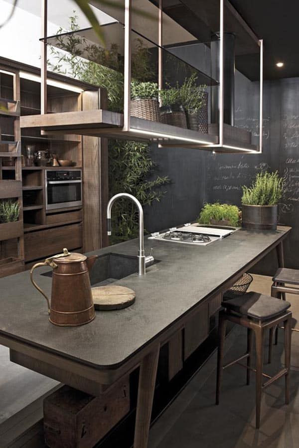 Mid-sized industrial galley eat-in kitchen in Columbus with an integrated sink, flat-panel cabinets, light wood cabinets, concrete benchtops, stainless steel appliances, concrete floors, with island, grey floor and black benchtop.
