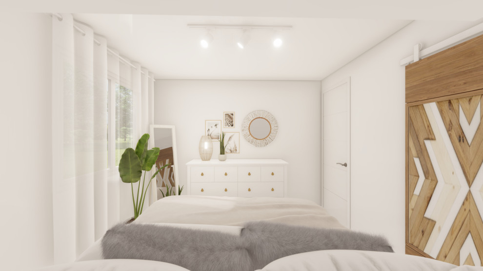 Inspiration pour une chambre parentale blanche et bois bohème de taille moyenne avec un mur blanc, un sol en vinyl, un sol marron et du papier peint.