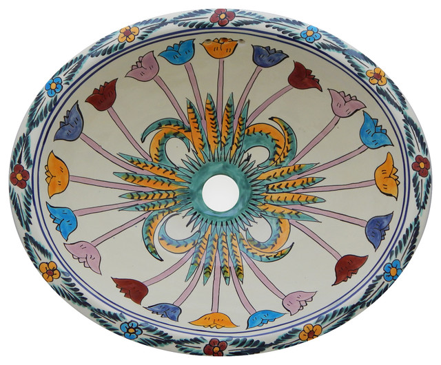 Mexican Talavera Ceramic Hand Painted Bathroom Oval Sink Contemporary