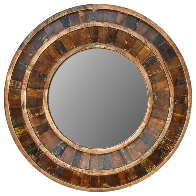 Round Reclaimed Wood Mirror 36, Large Round Rustic Wood Mirror