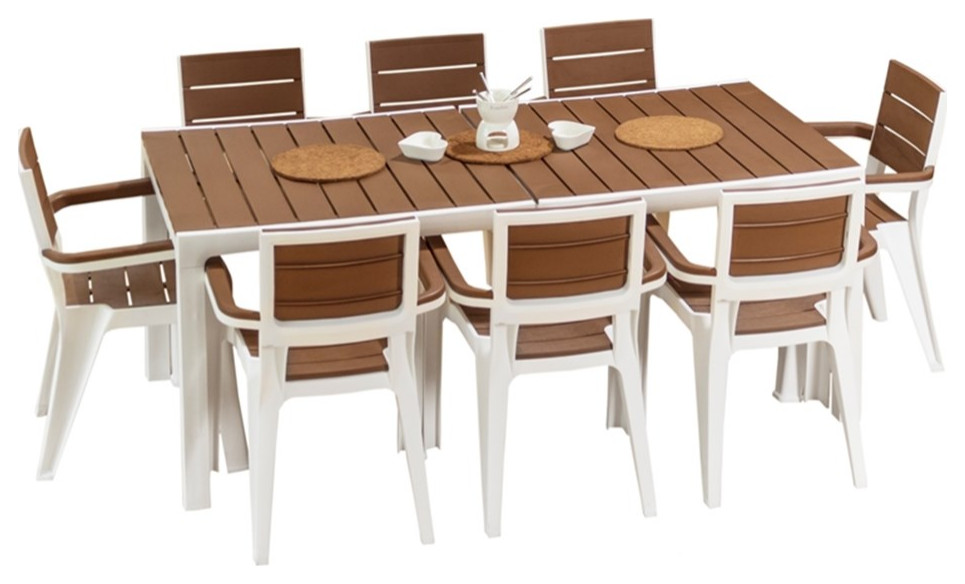 Inval Madeira 8Seat Patio Dining Table and Armchair Set in White/Teak