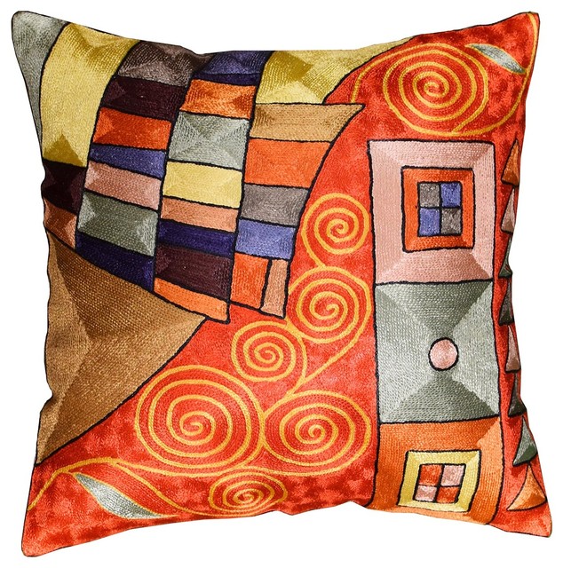 Klimt Decorative Pillow Cover Bright Red Swirls Hand Embroidered