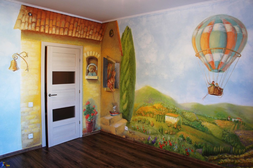 Mid-sized contemporary gender-neutral kids' playroom in Saint Petersburg with multi-coloured walls, laminate floors and brown floor for kids 4-10 years old.