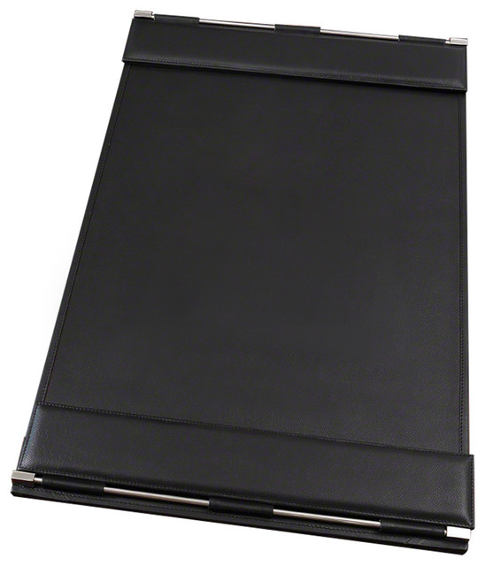 Midcentury Black Leather Desk Blotter, Top Grain Silver Pad Office