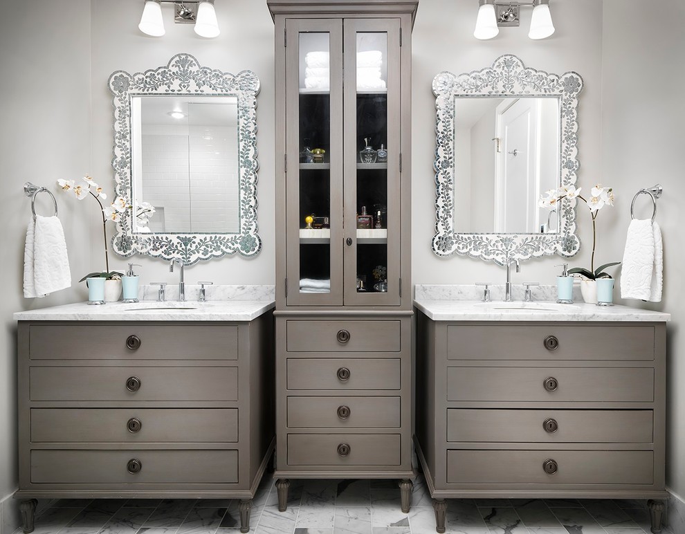Large transitional master bathroom in Denver with flat-panel cabinets, grey cabinets, an undermount sink, white tile, subway tile, beige walls, ceramic floors, marble benchtops, multi-coloured floor, a hinged shower door and multi-coloured benchtops.