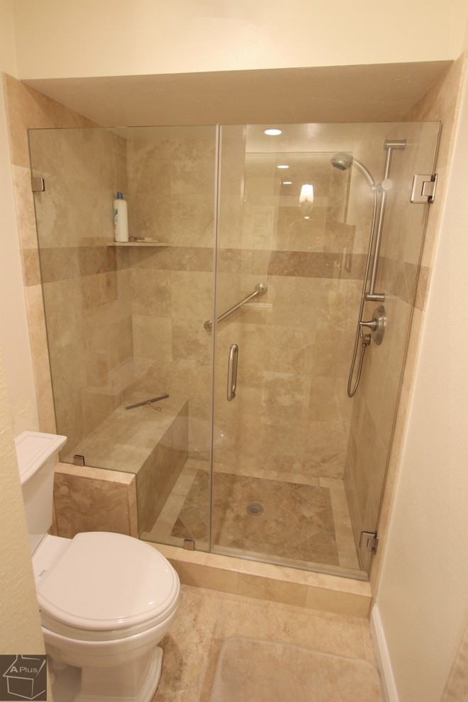 This is an example of a mid-sized transitional master bathroom in Orange County with recessed-panel cabinets, white cabinets, granite benchtops, an alcove shower, a two-piece toilet, brown tile, porcelain tile, brown walls and porcelain floors.