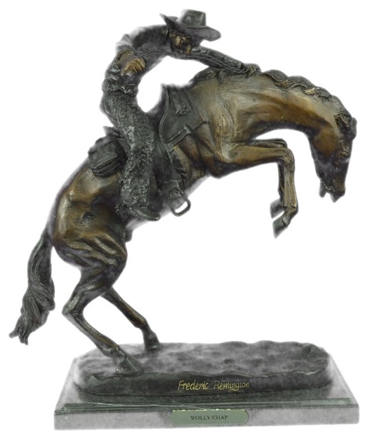 Signed Remington Famous Wooly Chaps Bronze Sculpture Cowboy Horse Bronze Sculpture Cowboy Horse