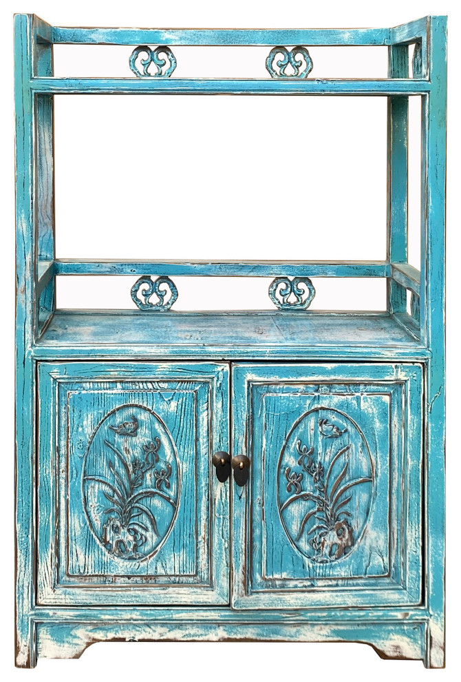 Chinese Distressed Pastel Blue Open Top Display Side Table