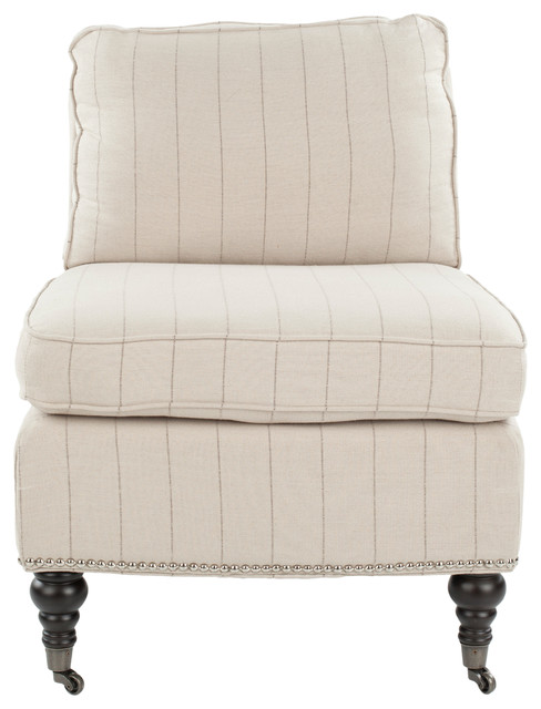 Safavieh Randy Slipper Chair, Flax Beige Pinstripe Fabric, With Nail Heads