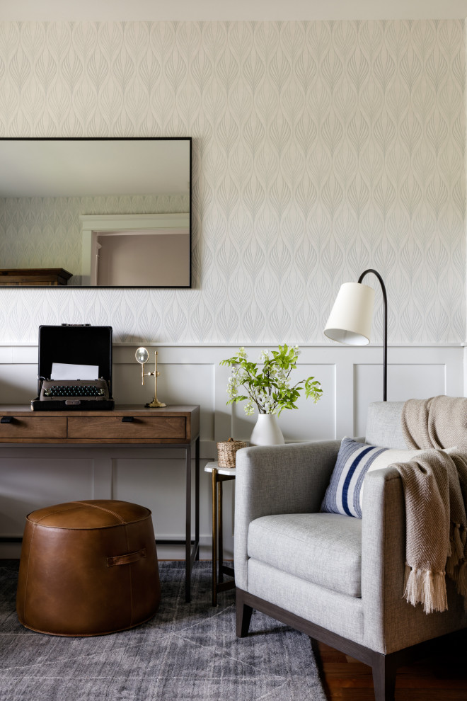 Design ideas for a mid-sized transitional study room in Seattle with a freestanding desk and decorative wall panelling.