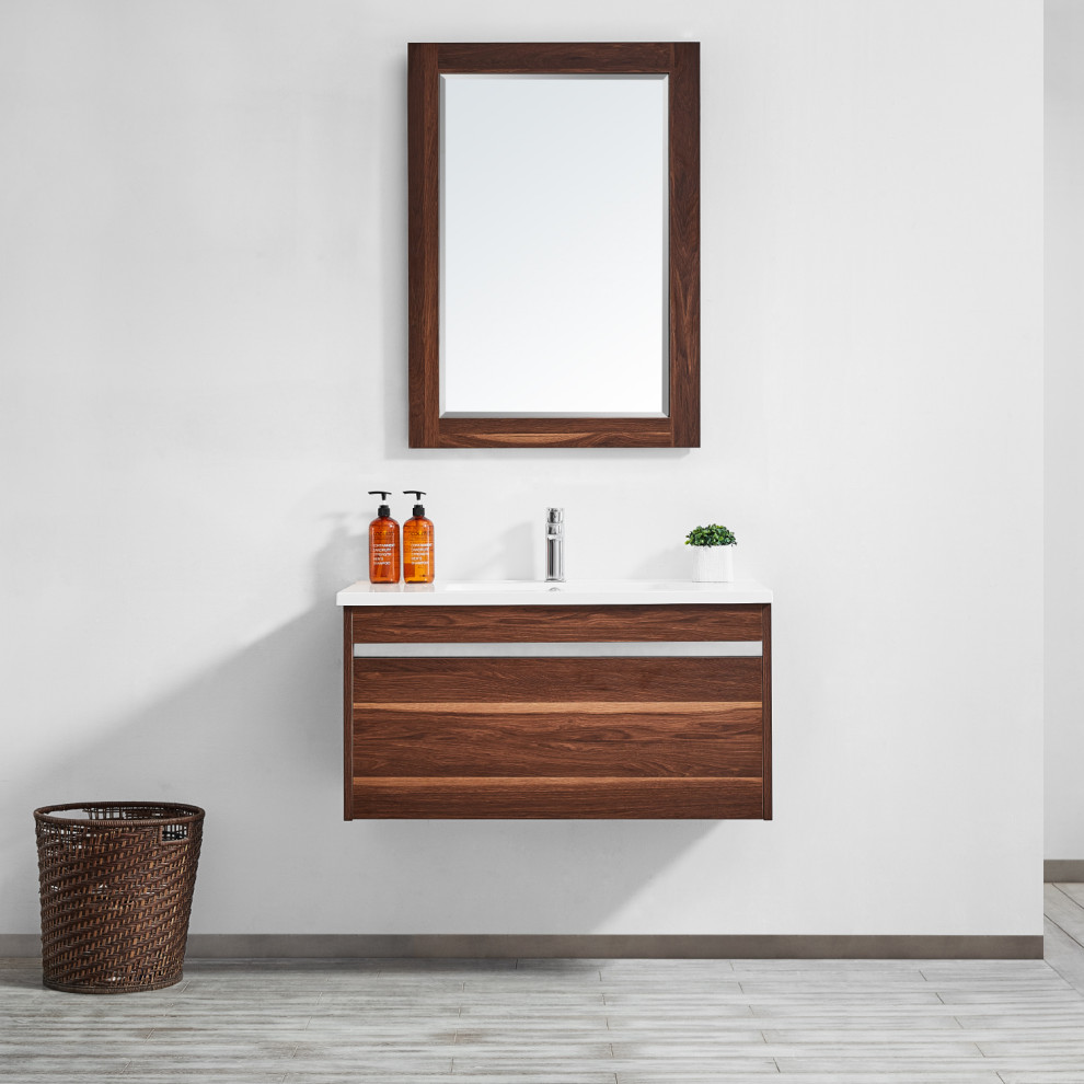 Photo of a small retro shower room bathroom in San Francisco with flat-panel cabinets, brown cabinets, a freestanding bath, a walk-in shower, a one-piece toilet, white tiles, ceramic tiles, white walls, laminate floors, a built-in sink, laminate worktops, grey floors, an open shower, white worktops, a shower bench, a single sink, a floating vanity unit and a vaulted ceiling.