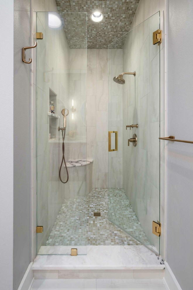 Photo of a large traditional master bathroom in Dallas with recessed-panel cabinets, purple cabinets, an alcove shower, a two-piece toilet, white tile, porcelain tile, grey walls, porcelain floors, an undermount sink, quartzite benchtops, white floor, a hinged shower door, white benchtops, a shower seat, a double vanity and a built-in vanity.