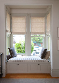 Motorized Roman Shades in a bay window and built in window seat ...