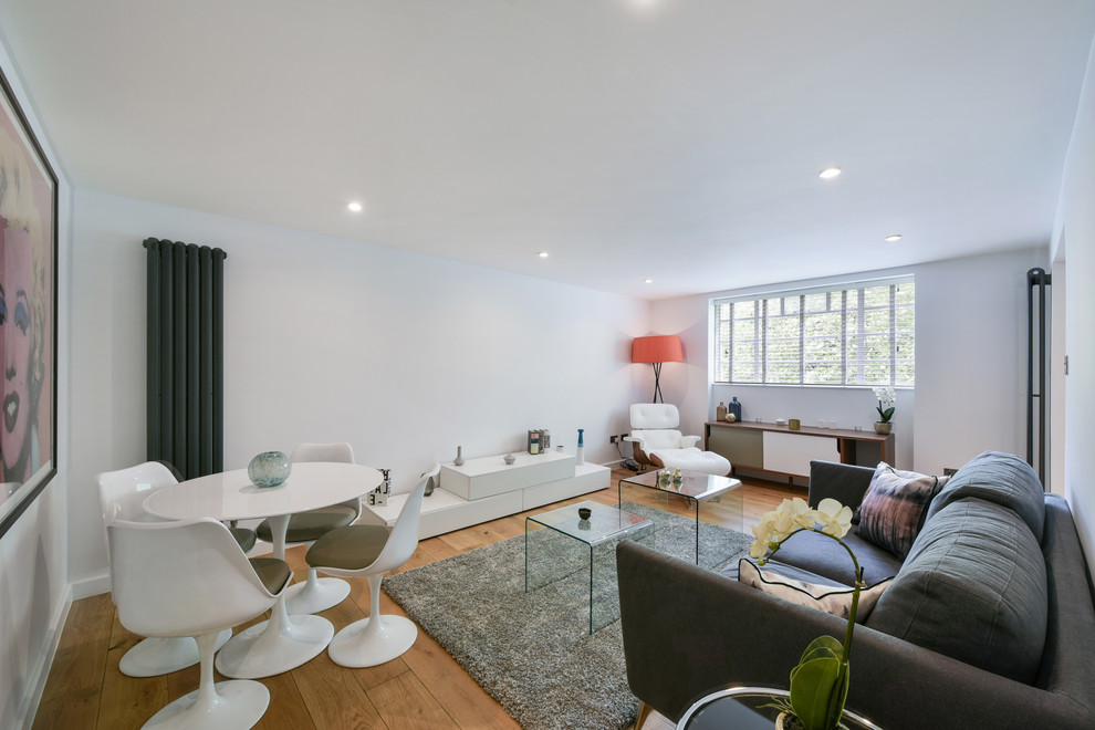 Mid-sized contemporary enclosed living room in London with white walls and light hardwood floors.
