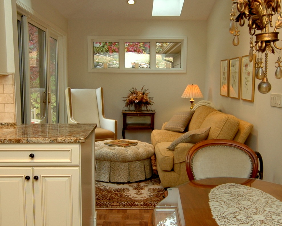 This is an example of a mid-sized traditional sunroom in Minneapolis with medium hardwood floors and a skylight.