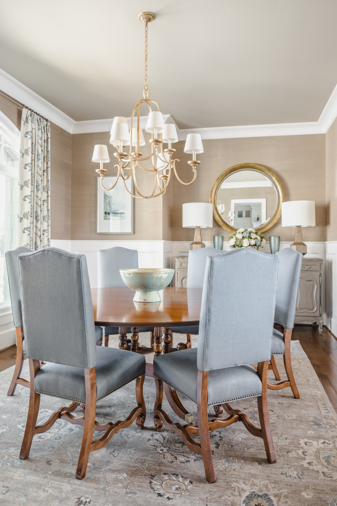 Mid-sized traditional dining room in Charlotte with dark hardwood floors, brown floor and wallpaper.