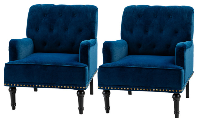 Upholstered Tufted Comfy Accent Armchair With Nailhead Trim Set of 2, Navy