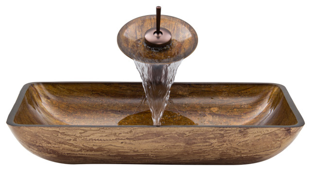 Vigo Rectangular Amber Sunset Glass Vessel Sink And Waterfall Faucet Set