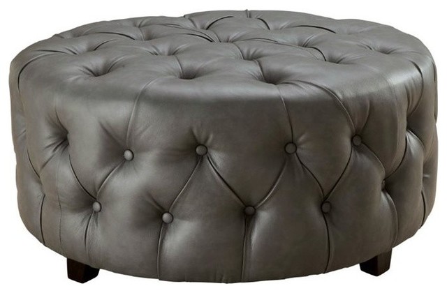 Furniture Of America Latoya Round Tufted Leather Ottoman Gray Furniture Of America Latoya Round Tufted Leather Ottoman Gray