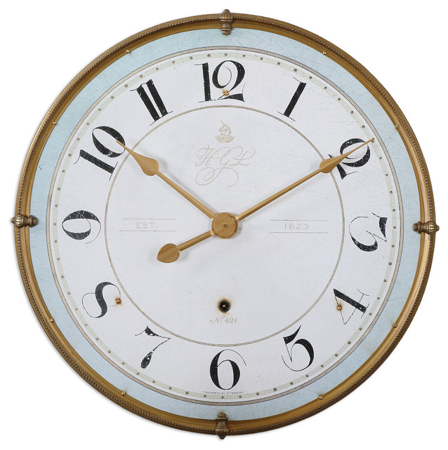 Gold Rimmed Round Metal Wall Clock Cottage Light Blue Ivory